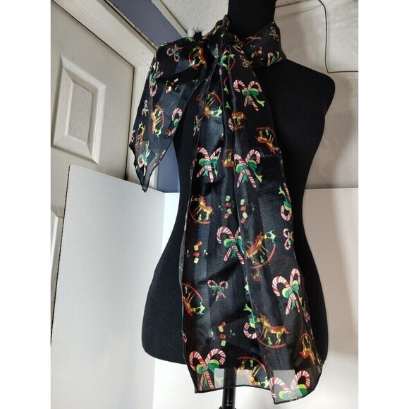 Christmas Scarf Black With Candy canes and Rocking Horses 30 X 12 inches - Picture 9 of 10